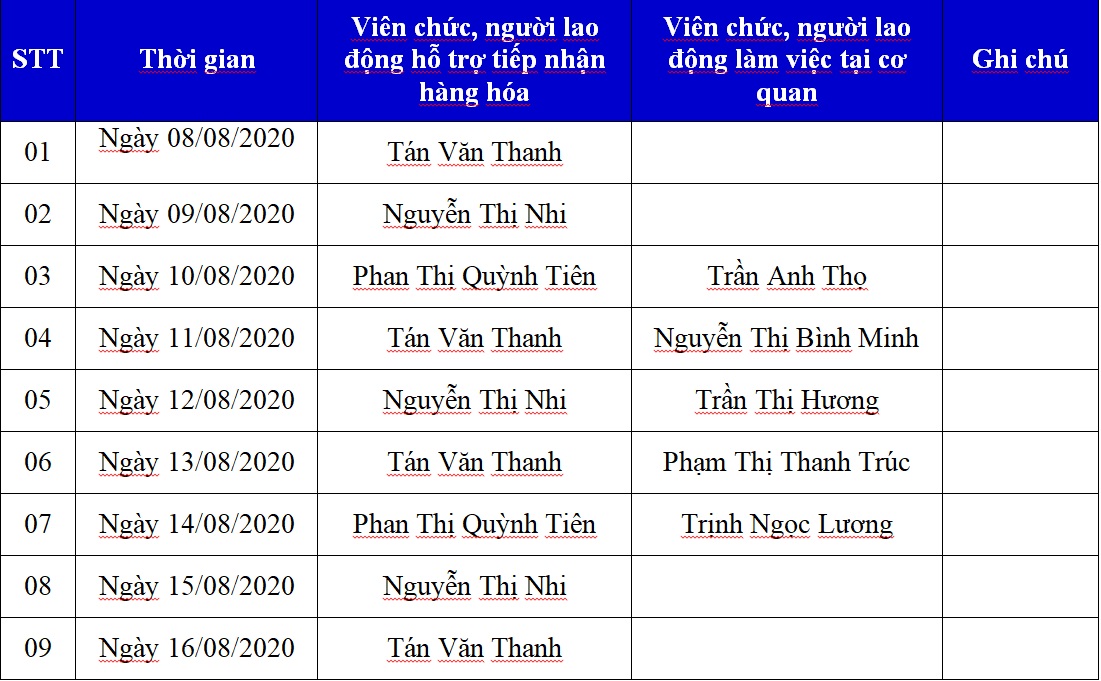 Lịch làm việc từ ngày 10/8/2020 đến hết ngày 16/8/2020